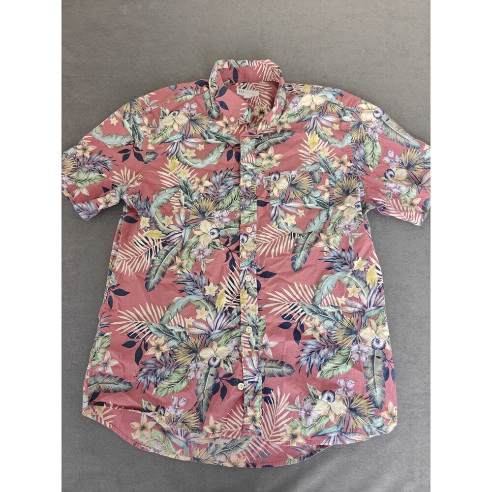 Gap Standard Fit Stretch Hawaiian Shirt Mens Medium Pink Floral Button Up